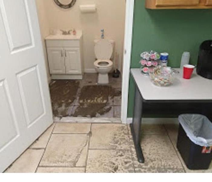 Picture of a bathroom where a sewer backed up through the toilet